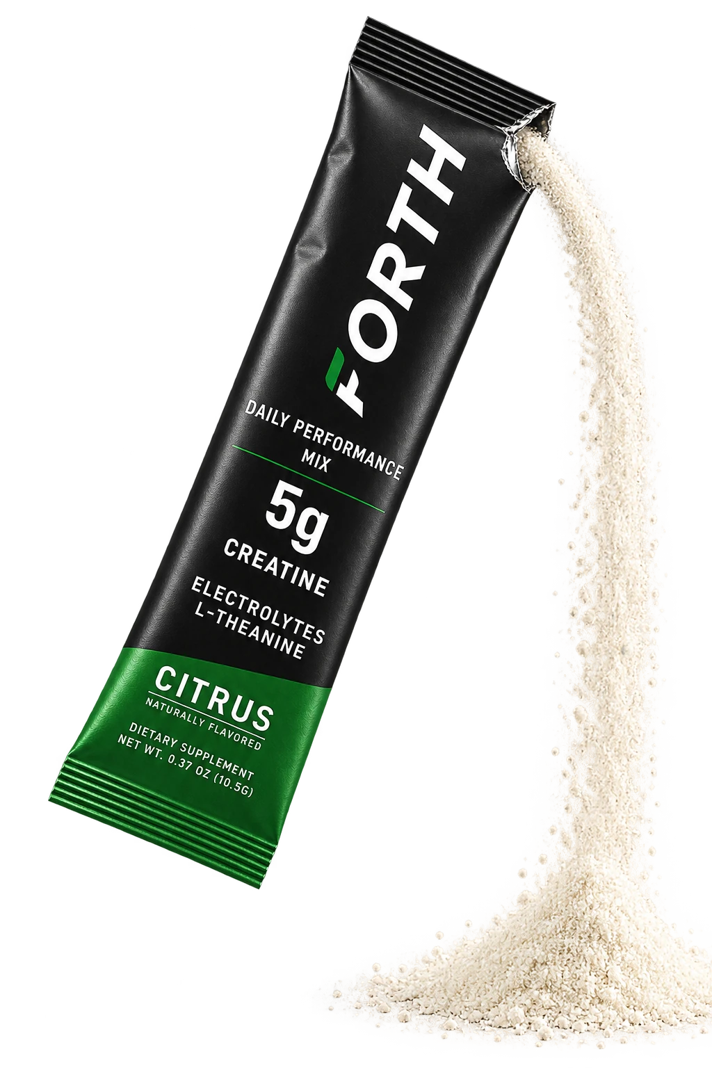 FORTH Citrus stick pack with powder pouring to the right from its open top-right corner